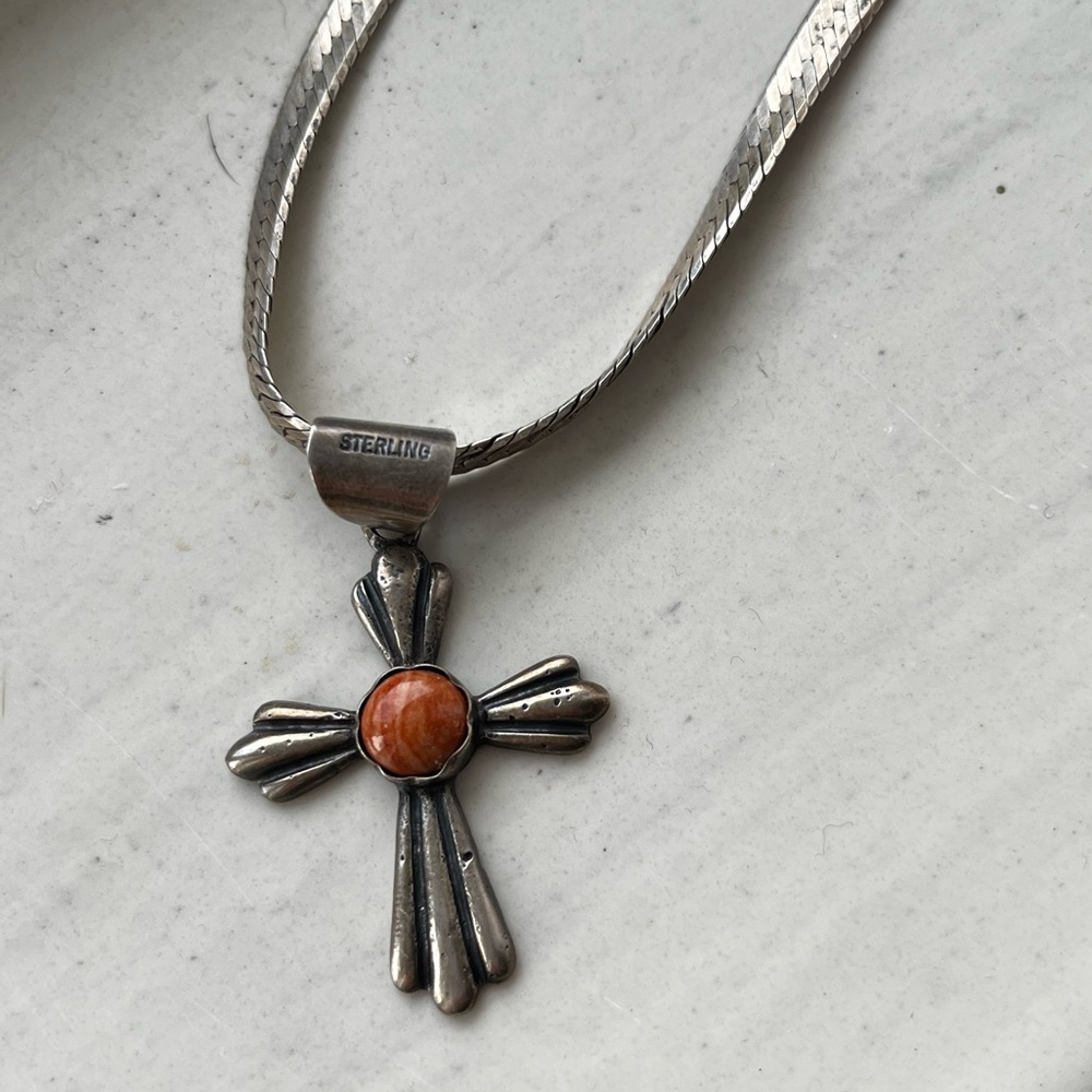 Vintage sterling silver cross necklace with thick chain!!